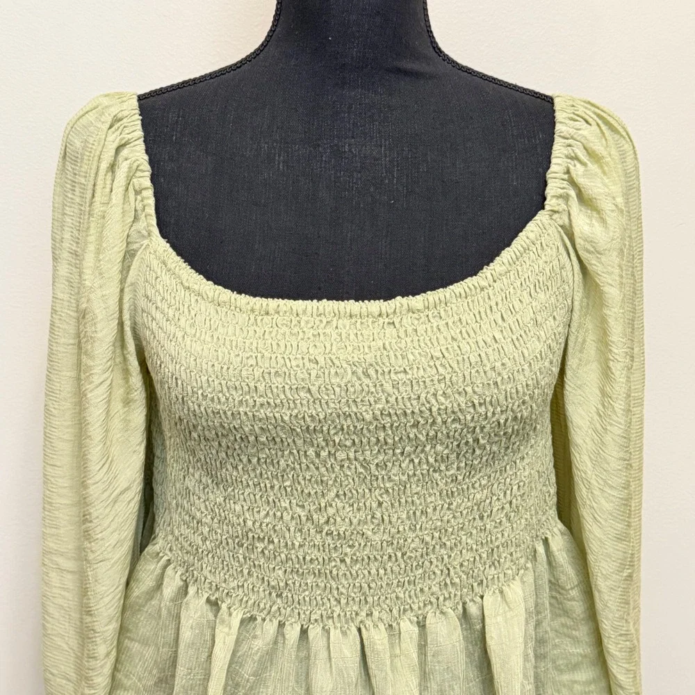 Newbury Kustom Green Smocked Peplum Top Lantern Sleeve‎ Boho Babydoll Womens Lg